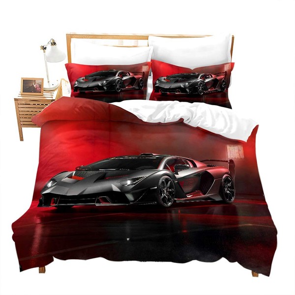 Speed Sports Car Duvet Cover Set Twin Red Sports Car Comforter Cover Cool Speed Racing Car Automobile Style Quilt Cover Kids Room Teen Bed Decor Luxury Microfiber Extreme Sport Bedding with Zipper