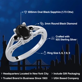 Gem Stone King 925 Sterling Silver Black Sapphire and Black Diamond 3 Stone Engagement Ring For Women | 1.73 Cttw | Oval 8X6MM | Round 2MM | Gemstone September Birthstone | Size 6