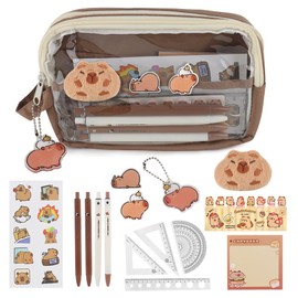 KBIBCK Capybara Stationery Set,Capybara Pencil Case,Large Capacity Pencil Pouch with Ruler, Ballpoint Pens, Sticker, Keychain,Stickers Sticky Notes,Cute Pencil Pouch for Kids Students School Supplies
