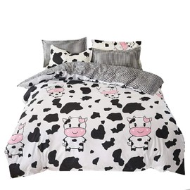 Cow Duvet Cover Kids Girls Black White Cow Print Bedding Set Twin Small Cow Milk Cartoon Bedding Cow Print Cartoon Duvet Covet Set Modern Plaid Decor Soft Reversible Comforter Cover for Teen Boys