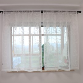 SLOW SOUL Set of 2 Panels Linen Texture Cotton Embroidered Sheer Curtains for Bedroom Living Room Window Treatments Farmhouse European Fancy Lace Curtain Rod Pocket White 54W X 69 inch Length