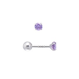 3MM Tiny Cubic Zirconia Stud Screw Backs Sterling Silver Earrings for Women, Amethyst Purple