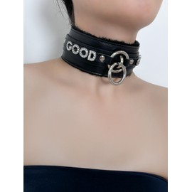 paloli Furry Double O-Ring Choker for Women, Adjustable Faux Leather Necklace with Plush Lining and Rhinestone Letters