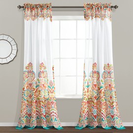 Lush Decor Clara Sheer Curtains Paisley Damask Print Bohemian Style Light Filtering Window Panel Set for Living, Dining, Bedroom (Pair), Sheer Panel, Turquoise & Tangerine