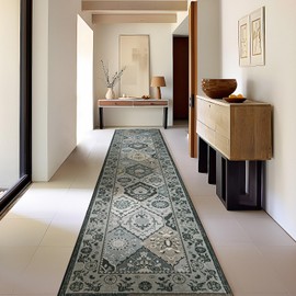 Phantoscope Hallway Runner Rug 2'x10'- Washable Non-Slip Vintage Rug Runner with Rubber Backing, Ultra-Thin Moroccan Boho Stair Runner for Kitchen Entryway Bathroom Stairway, Neutral Gray