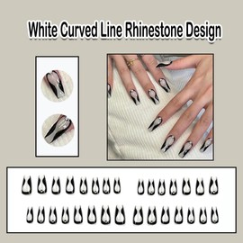 ANDGING Black Press on Nails Coffin Medium Fake Nails with White Curved Line Rhinestone Design Glue on Nails for Women Girls Acrylic False Nails with Glue Gel Stick on Nails for Wedding Birthday 24Pc