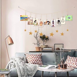 Hanging Photo Display, BetterJonny Wooden Star Garland with 30 Wood Clips with Metal Chain Wall Hanging Photo Frame Picture Frame DIY Background Wall Picture Frame Collage Living Room Background Wall