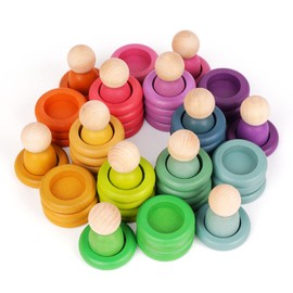 Montessori Toys Wooden Color Sorting Stacking Rings Toy Rainbow Wooden Peg Dolls Counting Toys Circular Building Blocks Stacking Game Preschool Learning Education Fine Motor Skill Toys for Toddlers