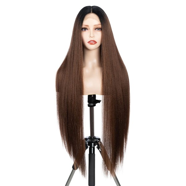 FASHION IDOL 95 cm Super Long Straight Wigs Lace Front Wigs for Women 11 cm Deep Middle Part Wig Yaki Synthetic Wig (95 cm, NT1B/30)