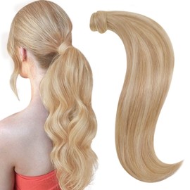 RUNATURE Blonde Ponytail Extension Human Hair Golden Blonde Highlight Light Blonde Clip in Ponytail Hair Extensions Human Hair Ponytail Blonde 12 Inch 70g