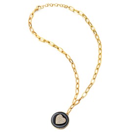 COOLSTEELANDBEYOND Gold Link Chain Choker Necklaces Statement Pendant with Rhinestones Zirconia Pave Heart of Black Enamel, Black enamel, Cubic Zirconia