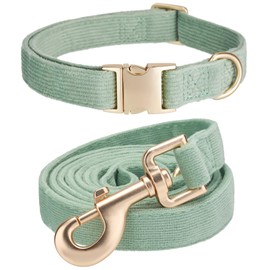 YUDOTE Dog Collar and Lead Set Large,Soft Non-irritant Corduroy Collar Leash Matching Combo for Daily Walking,Sage Green