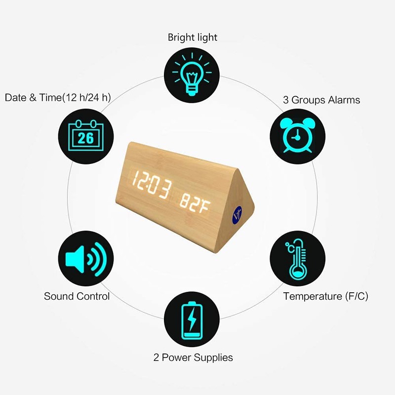 Voltstech Digital Alarm Clock, Triangle Wooden Clock with LED Display,