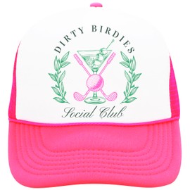 Dirty Birdies Social Club Funny Golf Women's Classic 5 Panel Mesh Snap Back Trucker Hat White/Neon Pink Trucker Hat