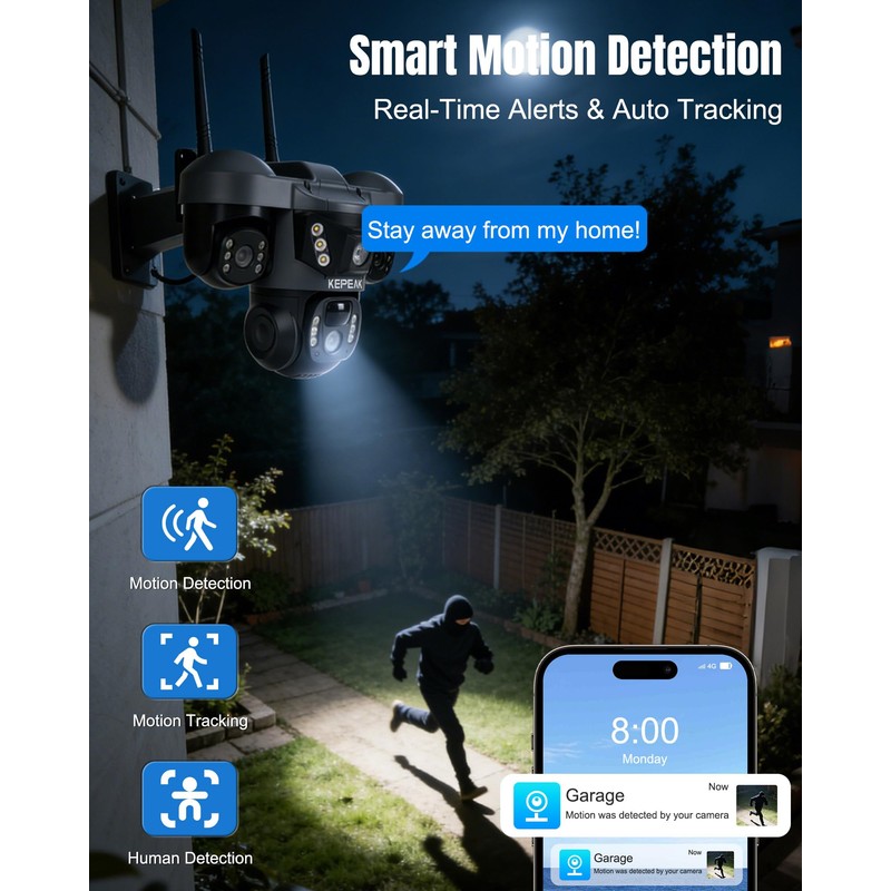 Solar Security Camera Outdoor Wireless, Triple Lens PTZ Camera, 360°