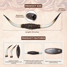 Faux Bull Longhorn Skull Wall Decor – Resin Sculpture with Tooled Leather-Style Floral Design – Rustic Steer Horns Wall Art for Western, Southwestern, Native American Decor – Great Gift Idea