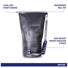 Mustad Dry Bag, Water-Resistant 500-Denier Tarpaulin, Shoulder Strap, and Roll Top Closure, Grey/Blue