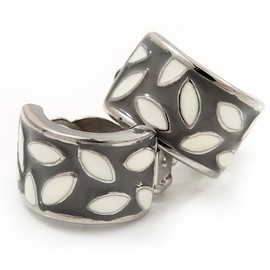 17mm /Small C-Shape Grey/White Enamel Clip On Earring/Silver Tone Metal