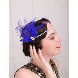 Teyglen 1920s Feather Headpiece Flapper Feather Headband Royal Blue Feather Hair Clip Crystal Hair Band Roaring 20 Hair Accessories Flapper Headpiece for Women Girls (Headband)