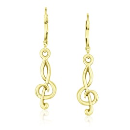 Music Teacher Student Treble Clef Musical Note Lever back Drop Earrings For Women Teen Yellow 14K Gold Plated .925 Sterling Silver