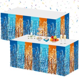Morcheiong 2 Pack 29.5x108 Inch Foil Fringe Tinsel Table Skirts Disposable Table Skirt Banner for Rectangle Tables Tinsel Backdrop Curtain Party Supplies Parade Floats Decorations (Light Blue Orange)