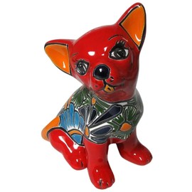 Talavera Pottery Store Chihuahua Sitting Figure Small Hand Painted Indoor Outdoor Multi Colored Glazed Red Pattern (Red)