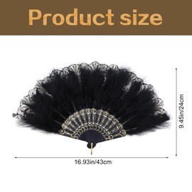 Mwoot Embroidered Flower Marabou Feather Fan, 1920s Vintage Style Folding Handheld Feather Fan, Flapper Hand Fan for Costume Halloween Dancing Wedding Party Prom Tea Party - Black