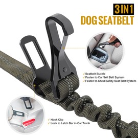 OneTigris 3-in-1 Tactical Dog Leash Heavy Duty for Medium Large Dogs, Car Safety Seatbelt Leash, Nylon Reflective Bungee Dog Lead with Clip Hook Latch & Buckle, Swivel Zinc Alloy Carabiner