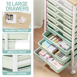 SYKIARIOL Rolling Cart with Drawers,10 Drawer Rolling Cart,Storage Cart,Utility Cart,Teacher Cart for Classroom Storage,Craft Cart with Wheels and Wooden Tabletop,Green
