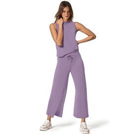 SAMPEEL SAMPEEL Two Piece Set for Women Summer Outfits Vacation Trendy Lounge Sets Mock Neck Matching Sets Women Clothing Wide Leg Crop Pants Set Travel Airport Sweat Set