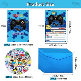 PTECDROTS 20Pcs Video Game Party Invitations Sets with Envelopes Gamer Stikers Double-sided Printed Blue Game On Birthday Invitations for Boys Birthday Party Gaming Party Decorations, 6.7x4.7 Inch
