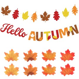 Autumn Decoration, Autumn Decoration Set with 4 Colours Leaves Garlands and Hello Autumn Banner, Thanksgiving, Dinner, Party, Fireplace