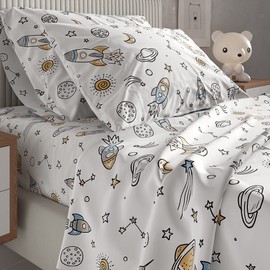 Kids Space Full 4 Piece Sheet Set - Boys, Girls, Teens, Toddler - Easy Fit Deep Pockets - Breathable, Hotel Quality Bedding Sheets - Machine Washable - Wrinkle Free - Cute, Cozy and Soft - CGK Linens