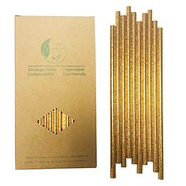Compostable Gold Foil Solid Paper Straws - 6x197mm (100 Count) Eco-Friendly Biodegradable Drinking Straws, Plastic-Free Party Supplies for Weddings, Birthdays, Decoration