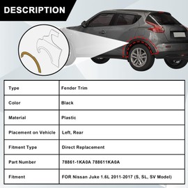Sekeseauto 78861-1KA0A Rear Left Fender Trim Molding, Fender Wheel Arch Molding Trim Compatible with Nissan Juke 1.6L l4 2011 2012 2013 2014 2015 2016 2017, Replace# 788611KA0A Driver Side