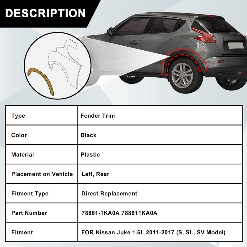 Sekeseauto 78861-1KA0A Rear Left Fender Trim Molding, Fender Wheel Arch