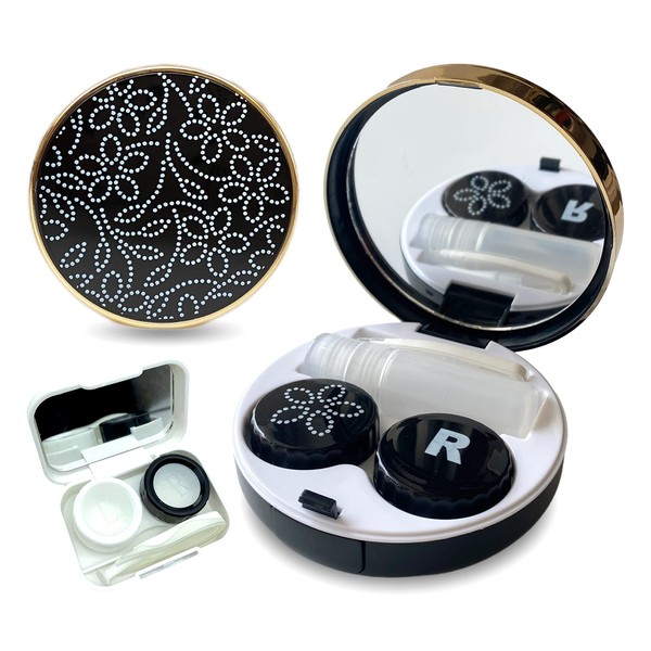 Fashion Eyecare 4-in-1 Lightweight Portable Contact Lens case kit with mirror,travel solution Includes Contact Lens Remover Tool with Bottle and Tweezers(White+Black)