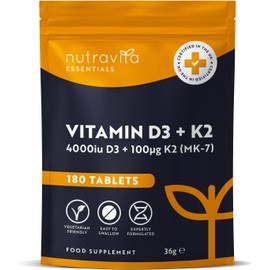 Vitamin D3 4000 iu & Vitamin K2 100μg (MK7) – 180 Vegetarian Tablets – 6 Month Supply - High Strength Vitamin D Supplement for Bones, Muscles & Immune System – Nutravita