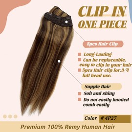 Clip in Hair Extensions Real Human Hair-One Piece Golden Blonde Balayage Clip in Remy Hair Extensions 80G Clips V Shaped Highlights Invisible Clip on Extensions Full Head for Women 18"