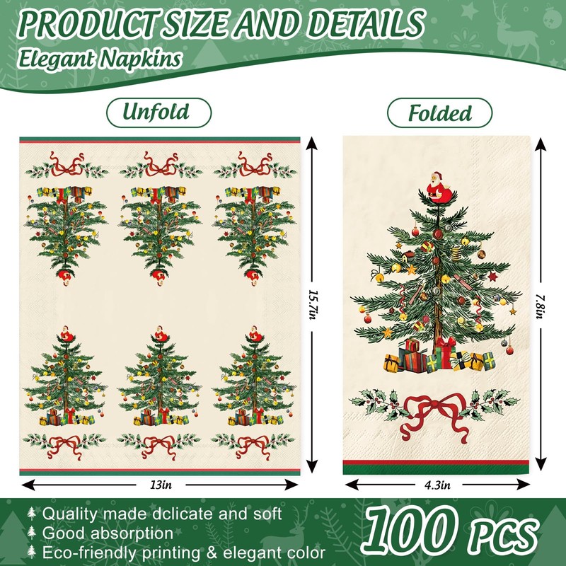 100Pcs Christmas Guest Napkins Retro Xmas Tree Disposable Paper Napkin