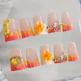 Handmade Press on Nails Short Duck 3D Floral French Tip Thick Acrylic Fake Nails Orange False Nails with Flower Stars Heart Designs Hand Painted Sturdy Nail Art Press on Nails 10Pcs(S)