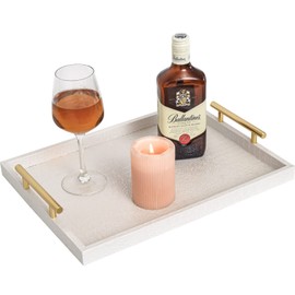 MACVAD Set of 2 Modern Elegant Large Wood Serving Tray, Rectangle Decorative Tray Ottoman Tay Coffee Table Tray, Pearl White Crocodile Leather with Gold Polished Metal Handles