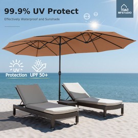 MFSTUDIO 15ft Double Sided Patio Umbrella with Base Included, Outdoor Large Rectangular Market Umbrellas with Crank Handle for Deck Pool Shade, Tawny