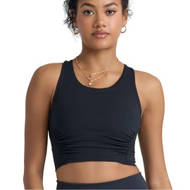 POPSUGAR Tank Workout Tops for Women Built in Bra Padded Removable Cups, Shirred Criss Cross Longline Sports Bra Yoga Top Black Night, XSmall