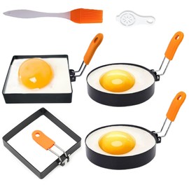 4 Packs Large 4 Inch Sqaure Egg Ring Round Egg Rings for Griddle Frying Egg,4" Non-stick Stainless Steel Square Egg Mold Round Omelet Ring With Silicone Insulated Handle Oil Brush & Egg Separator