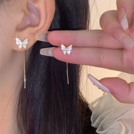 Xmsrn Vintage Long Crystal Butterfly Threader Earrings Rhinestone Butterfly Stud Earrings Long Chain Dangle Earrings Gold Bar Drop Earrings for Women