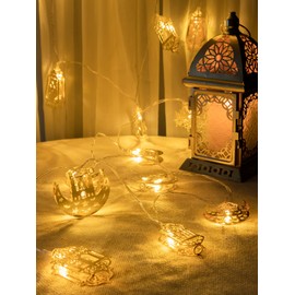 Ramadan Eid - Cadena de luces de 10 pies con 20 ledes Mubarak, decoración de cadena musulmana con estrella de luna queroseno, adornos para palacio islámicos, interiores y exteriores, hogar, jardín, fiesta, suministros - Bombilla blanca