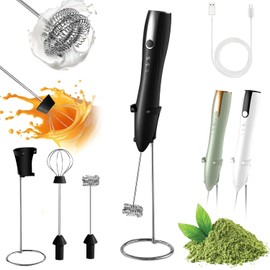 Rechargeable Milk Frother Handheld with Stand, Coffee Foam Frother Wand, Detachable Stainless Steel Whisk Drink Mixer for Coffee, Cappuccino, Lattes, Frappe, Matcha,Egg and Hot Chocolate, (Black)