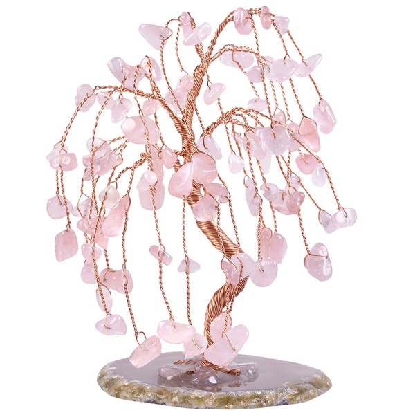 mookaitedecor Rose Quartz Crystal Tree Tumbled Stones, Geode Agate Slices Base Money Tree Decoration for Wealth and Luck 5.7"-6.7"