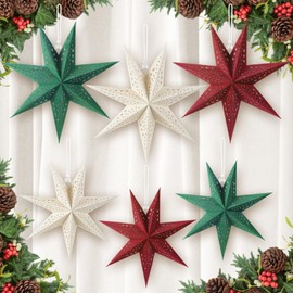 ReliThick 6 Pcs Velvet Christmas Paper Star Lanterns 18/12 Inch Flocked 7-Pointed Christmas Hanging Lamp Paper Ornament Decorations for Xmas Party Indoor Door Window(Red, Green, White)